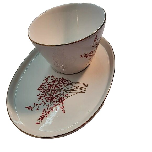 Graces Teaware Oval Cup Snack Plate Merry Christmas Red Holly Gold Trim Writing - Picture 4 of 16